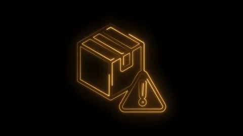 Neon glowing isometric cardboard box with warning exclamation mark icon on black Stock Footage 333964109