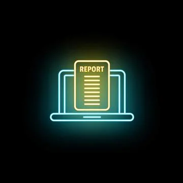 Neon glowing laptop displaying digital report document icon イラスト素材