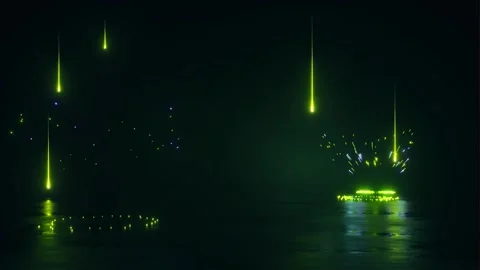 Neon glowing laser beam lights fall hitting water surface abstract background Stock Footage 327520356