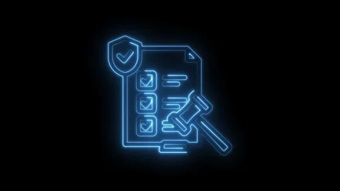 Neon glowing legal document checklist with shield and gavel icon symbolizin.. Stock Footage 346128824