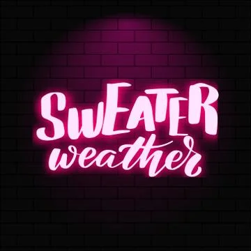 Neon glowing lettering on a brick wall background. Stock Illustration