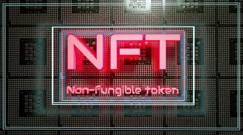 Neon glowing letters nft on the background of computer parts. cryptoart conce Illustrazione stock