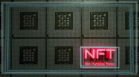 Neon glowing letters nft on the background of computer parts. cryptoart conce Illustrazione stock