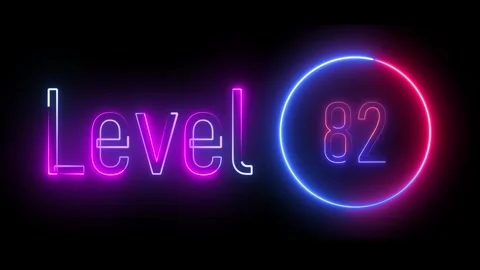 Neon glowing 'level 82' displayed with a colorful blue and violet circle, p.. Stock Footage 309014730