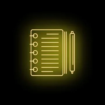 Neon glowing lined notebook and pen icon Stock Illustration
