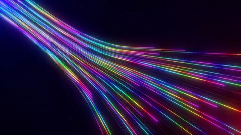 Neon glowing lines flow on dark digital background. RGB data tech concept. .. Illustrazione stock