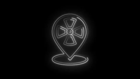 Neon glowing location pin icon with radiation symbol inside on black background Stock Footage 333952253