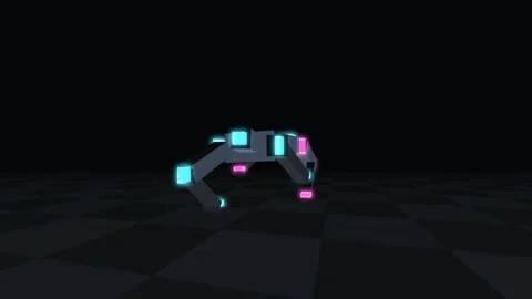 Neon Glowing Low Poly Quadruped Robot Dog Walking In Cyber Grid Stock Footage 340523393