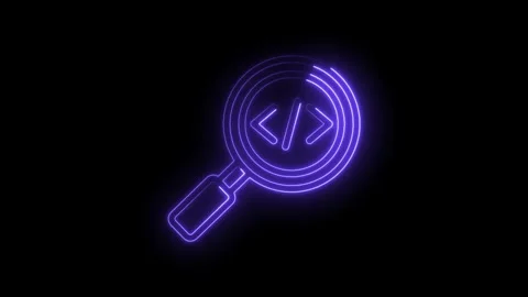Neon glowing magnifying glass with code brackets symbol searching for digit.. 스톡 동영상 346826160