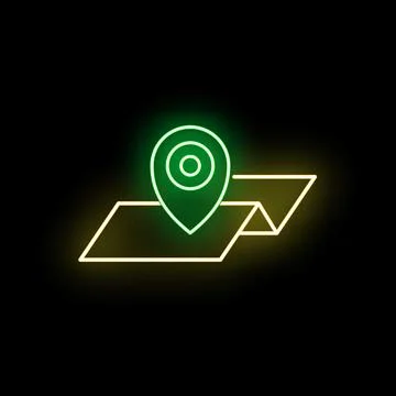 Neon glowing map pin showing location on folded map Stock Illustration