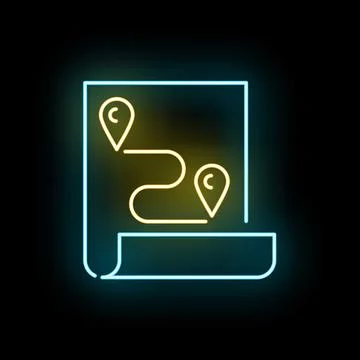 Neon glowing map showing route and location pins Stock Illustration