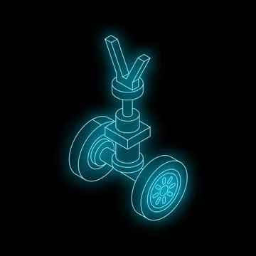 Neon glowing mechanical part with wheels on a black background Stock Illustration