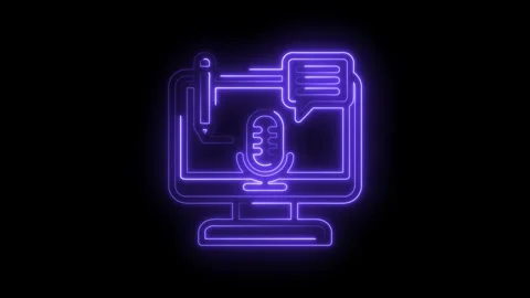 Neon glowing microphone icon on computer screen with chat bubble and pencil Stock Footage 333966460