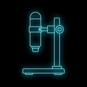 Neon glowing microscope outline on black background Stock Illustration