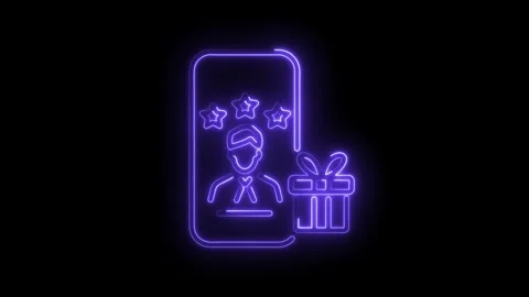 Neon glowing mobile app loyalty program concept with customer profile and gift 스톡 동영상 330775099