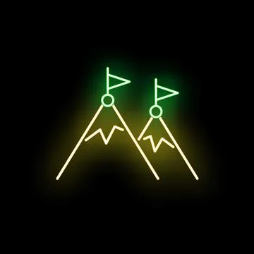 Neon glowing mountains with flags reaching goals Stock Illustration