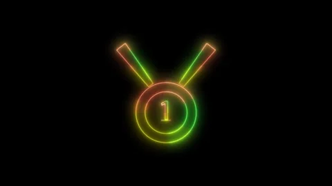 Neon glowing multicolor first place medal animation on black background, re.. Stock Footage 310604402