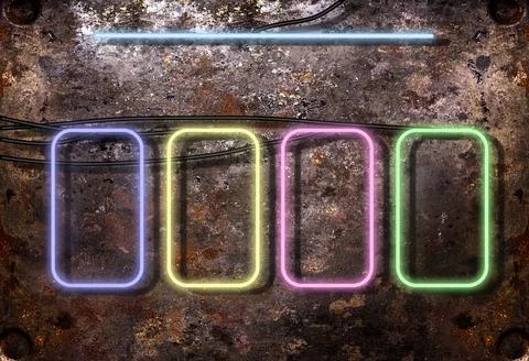 Neon glowing multicolored frames hanging on rusty brown background Stock Photos