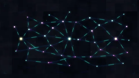 Neon glowing network animation with data nodes and connection lines Video stock 347248634