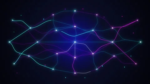 Neon glowing network eye motion graphic with digital lines and cyber nodes 스톡 동영상 347248676
