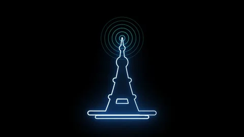 Neon Glowing Network Tower Icon Animation with Radiating Waves. Stock Footage 282576823