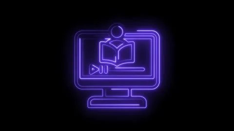 Neon glowing online learning icon computer screen with open book and play button Stock Footage 333956095