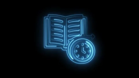 Neon glowing open book icon with clock and arrow symbolizing time management Stockbeeldmateriaal 333951468