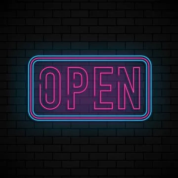 Neon glowing OPEN pointer on dark brick background. Colorful and shining retr Stock Illustration