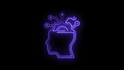 Neon glowing outline of human head with gear and circuit connections symbolizing Stock Footage 333964575