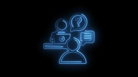 Neon glowing outline of two people interacting with a laptop and speech bub.. Stock Footage 346135201