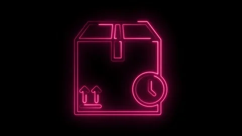Neon glowing parcel delivery box and clock animation on black background 스톡 동영상 315960917