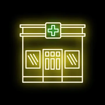 Neon glowing pharmacy building or medical center Ilustración de archivo