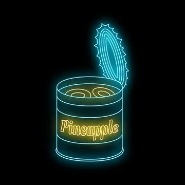 Neon glowing pineapple slices in open tin can Stock Illustration