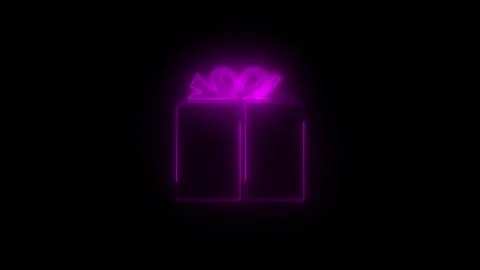 Neon glowing pink gift box icon animation in black background Vidéo 265421700