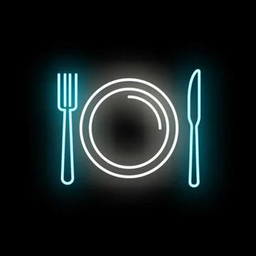 Neon glowing plate fork knife restaurant signage Stock Illustration