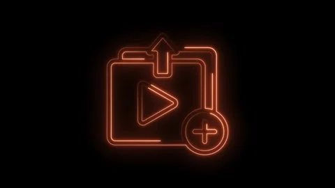 Neon glowing play button folder upload icon with plus sign on black background Stock Footage 333958384