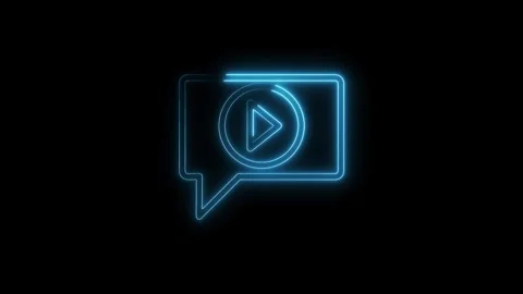 Neon glowing play button inside speech bubble on black background animation Stock Footage 314540870