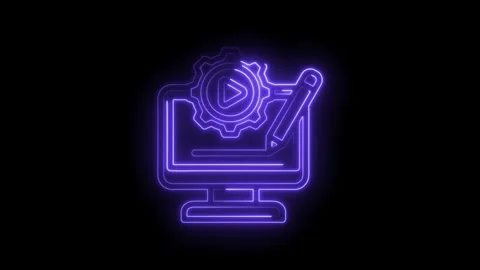 Neon glowing play button inside gear on computer screen with pencil drawing Stock Footage 333958385