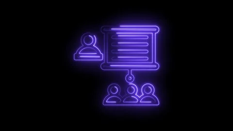 Neon glowing presentation icon with speaker and audience on black backgroun.. Stock Footage 346112484