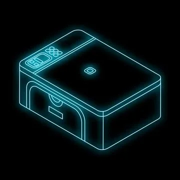 Neon glowing printer on a black background isometric view Stockillustratie