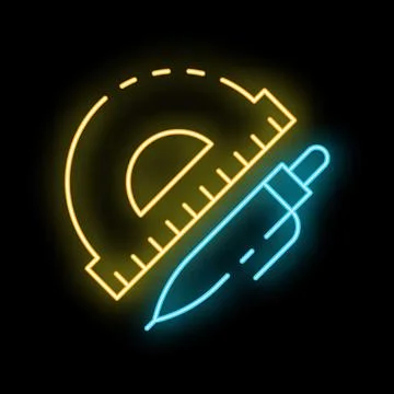 Neon glowing protractor and technical pen on black background Stock Illustration