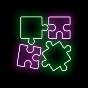 Neon glowing puzzle pieces representing connection and solution Stock Illustration