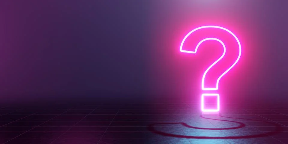 Neon glowing question mark abstract blue and pink background. 3d rendering Illustrazione stock
