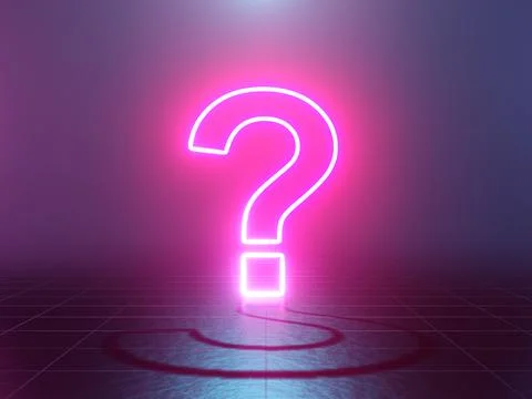 Neon glowing question mark abstract blue and pink background. 3d rendering Stock Photos