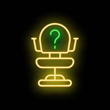 Neon glowing question mark over empty office chair on black background Illustrazione stock