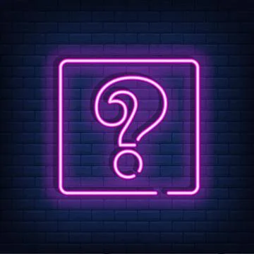 Neon glowing question mark. Quiz neon banner. Color neon frame on brick wall. Stock Illustration