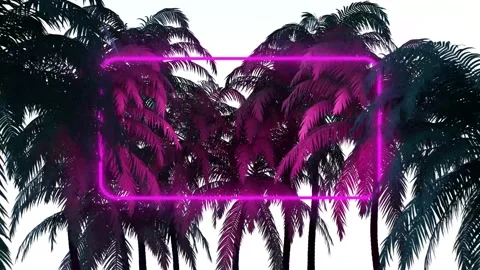 Neon Glowing Rectangle Appears In The Tropical Forest. 80s Retrowave Background. Stock Footage 195162741