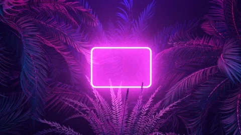 Neon glowing rectangle frame appears in the tropical forest at windy night Stock Footage