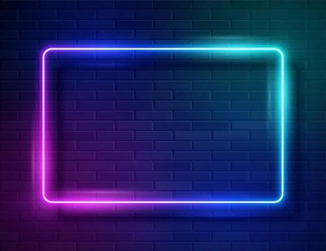 Neon Glowing Rectangle Frame for Banner on Dark Empty Grunge Brick Background Stock Illustration