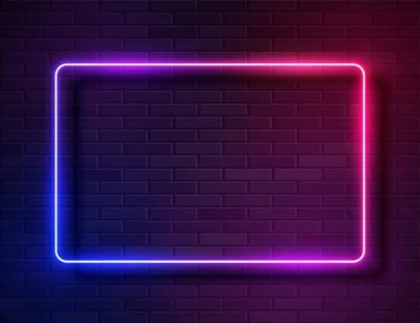Neon Glowing Rectangle Frame for Banner on Dark Empty Grunge Brick Background Stock Illustration